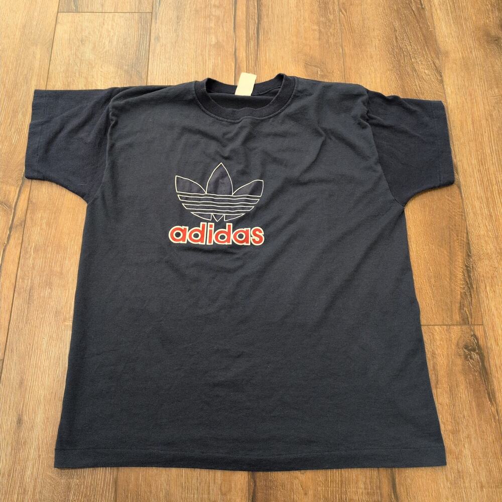 VTG Adidas Trifold Logo Adult XL Shirt Spellout Red Font Blue Single Stitch